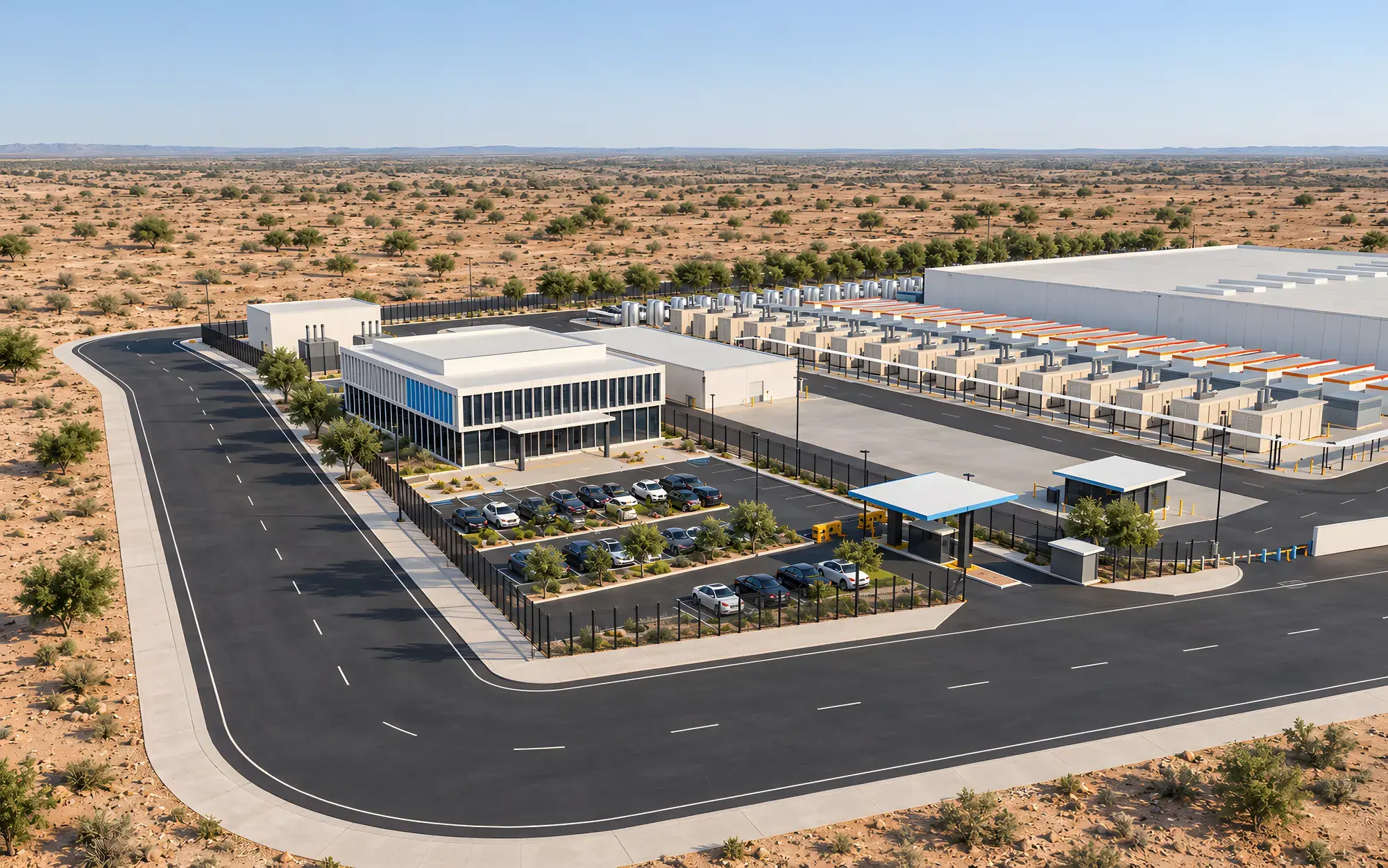 Entrance view of the AI factory concept: the two-storey administration building with vertical fins and blue glazing, visitor parking, the security gate canopy and the data hall with its rows of equipment behind