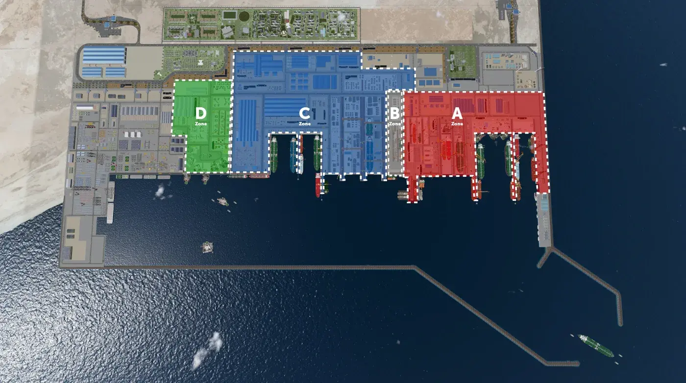 Aerial visualisation of the IMI maritime yard on the Arabian Gulf: the dry docks, quays and fabrication halls of the yard with its four zones marked A to D, ships alongside and the breakwater beyond