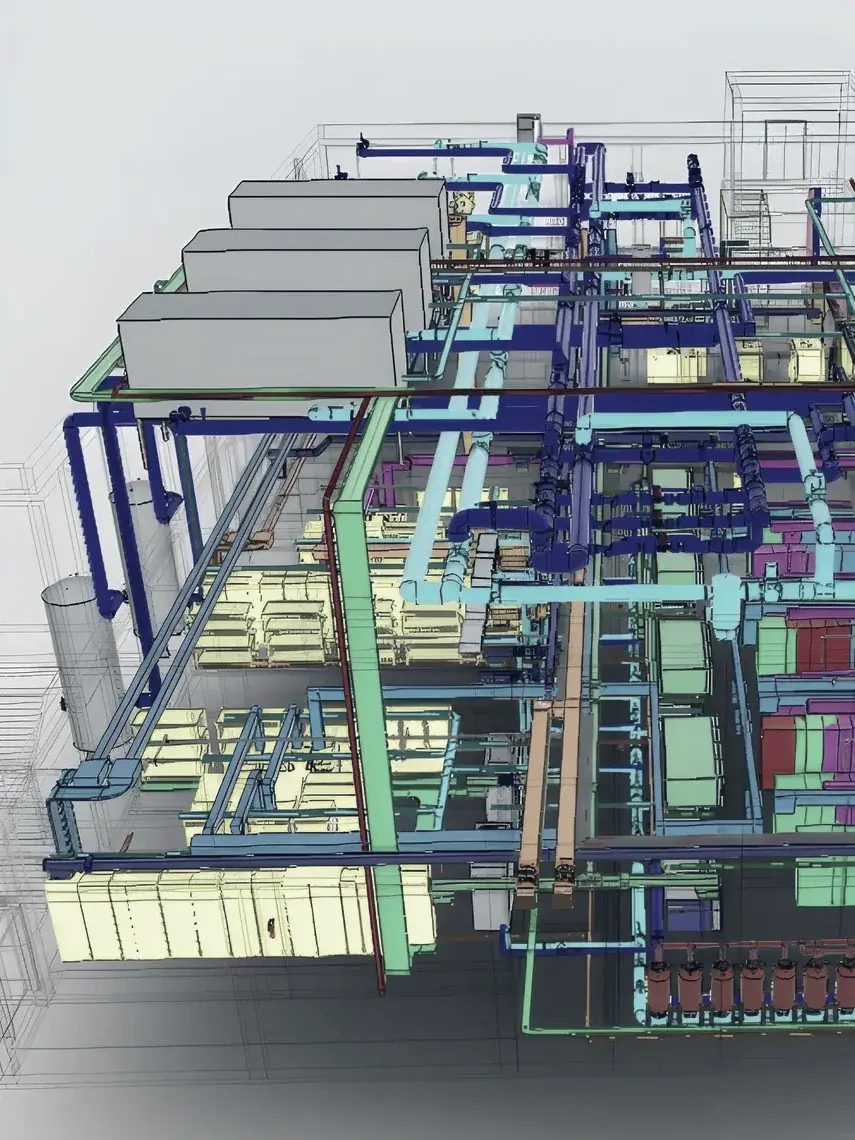 Section of a coordinated MEP model: roof chillers, chilled-water headers, risers, electrical containment and air systems resolved together around the equipment rows