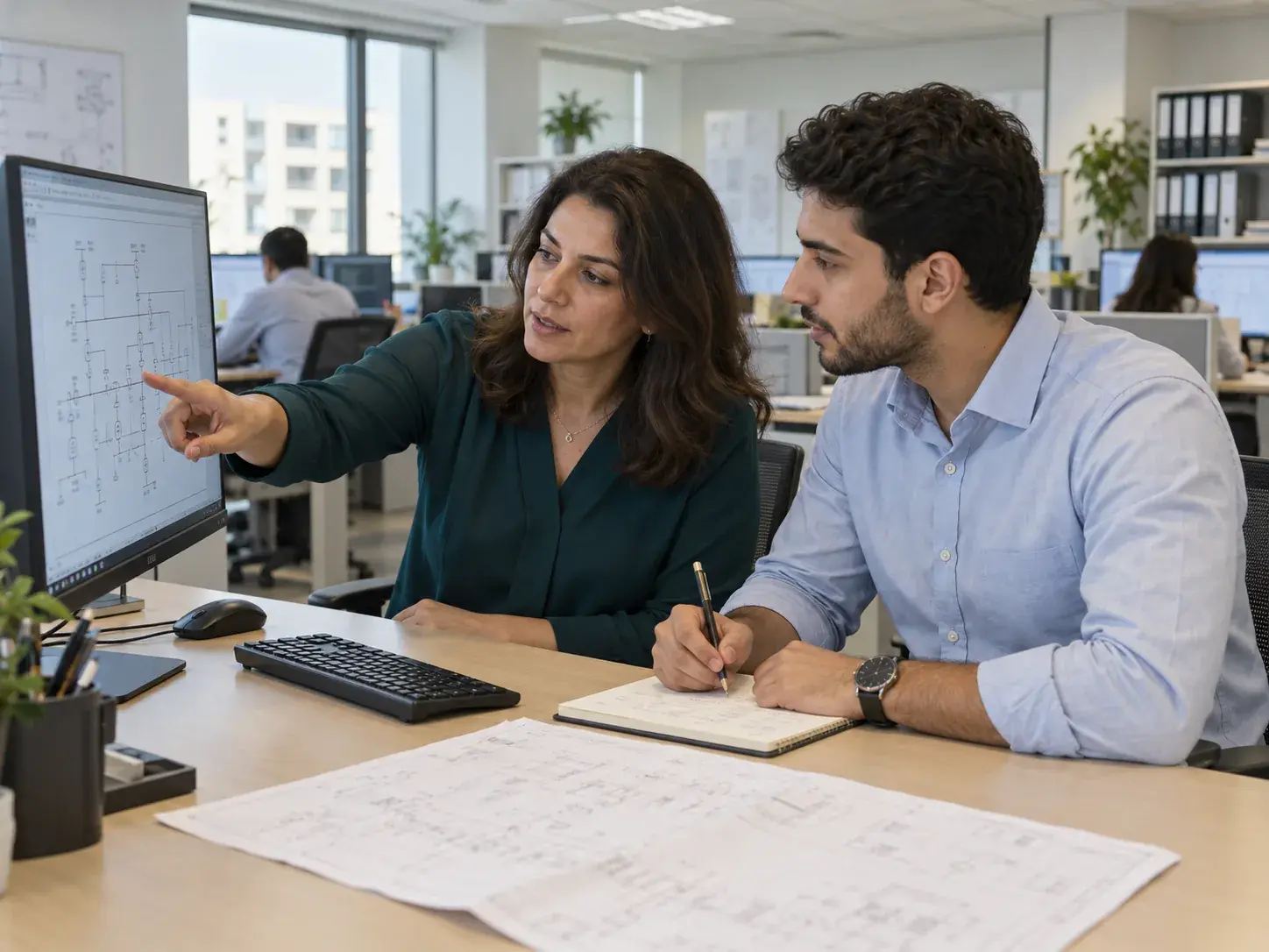 Two engineers at a workstation, one pointing at a single-line diagram on the screen while the other takes notes over a drawing