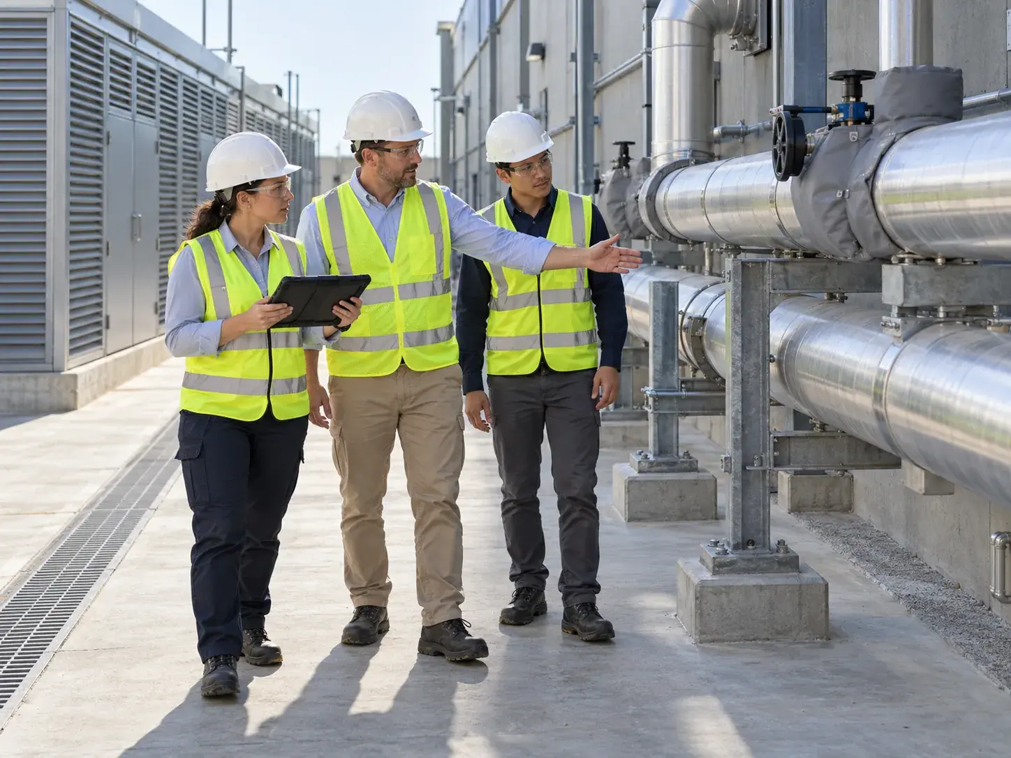 Three engineers in hard hats and high-visibility vests walking past insulated chilled-water headers in a service yard