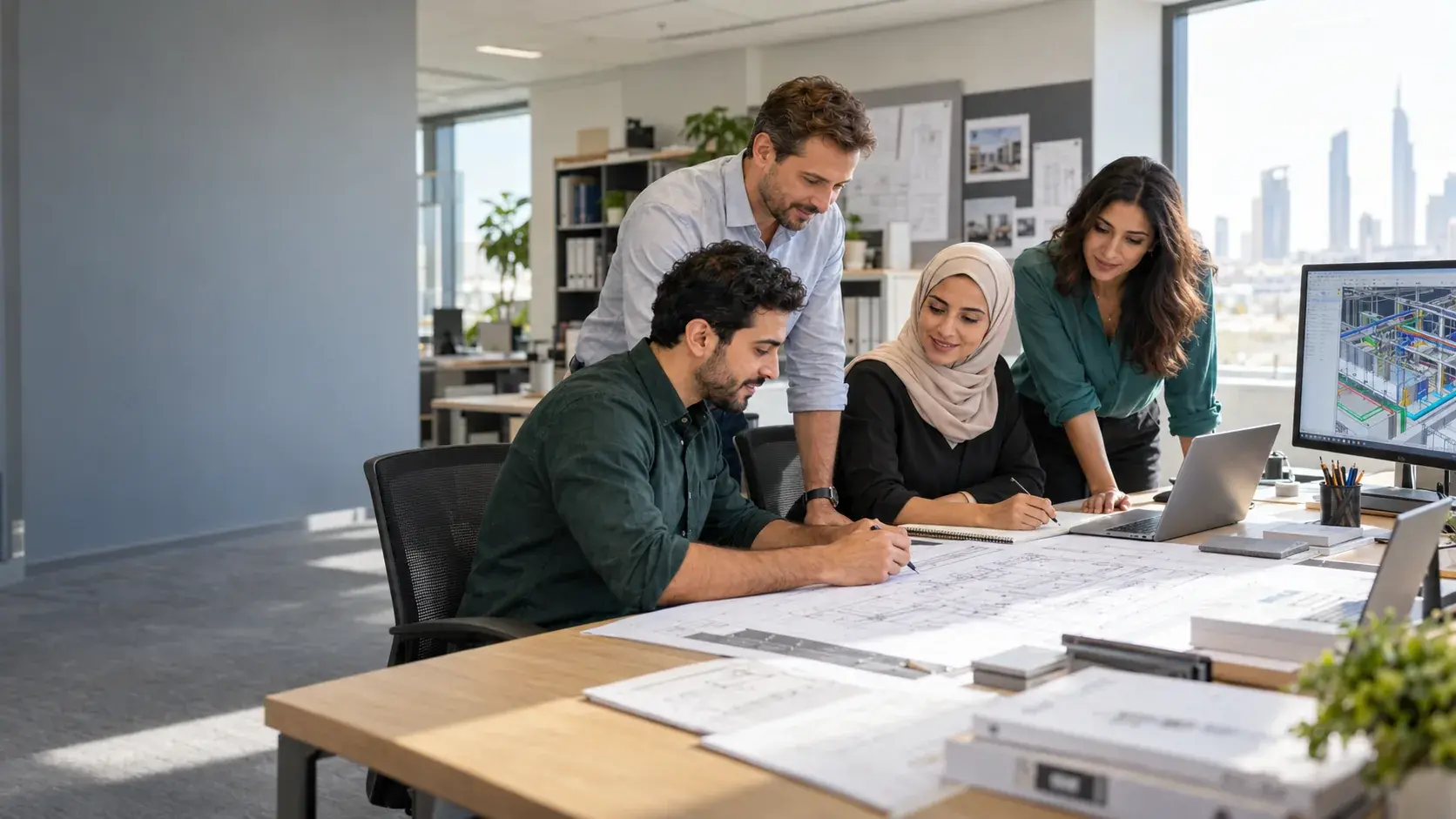 Four engineers over large-format drawings in a daylit studio, a coordinated building-services model on the screen beside them