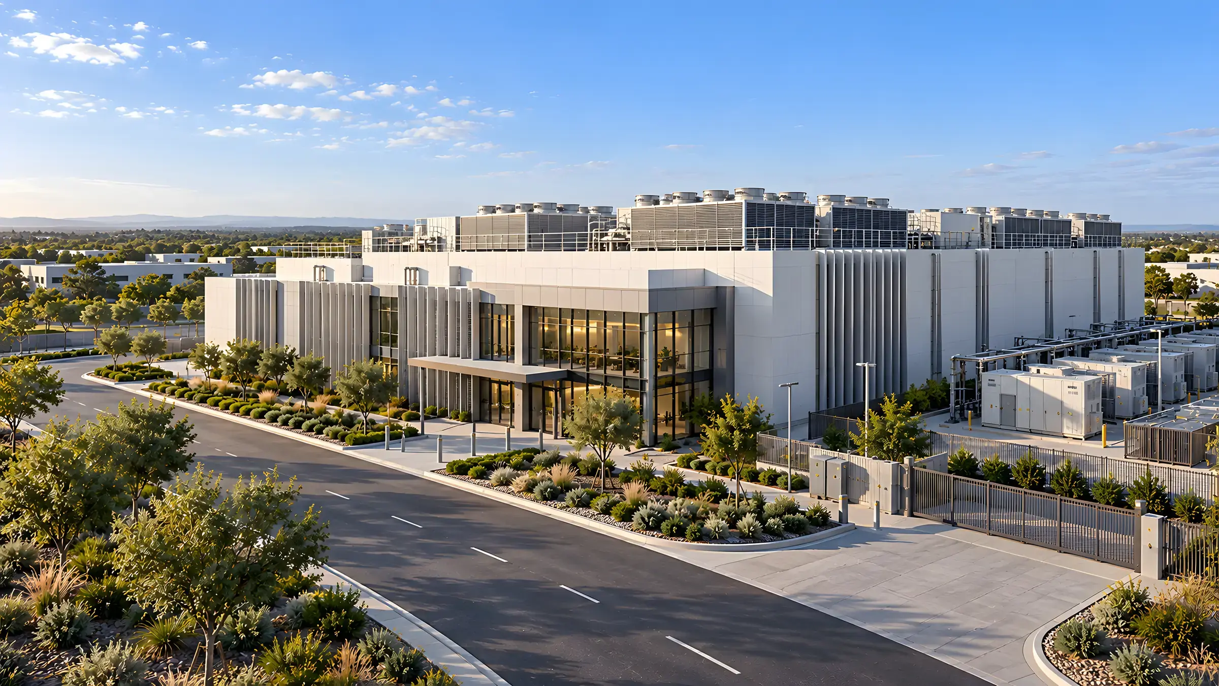 Architectural concept visualisation: an elevated view across the front corner of a two-storey data center with its rooftop cooling plant and service yard