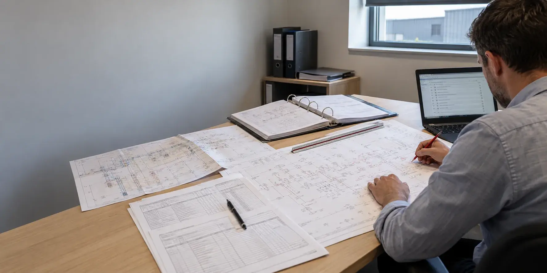 Visualisation: an engineer at a site-office desk reviewing marked-up single-line drawings, a bound evidence file and a checklist on a laptop