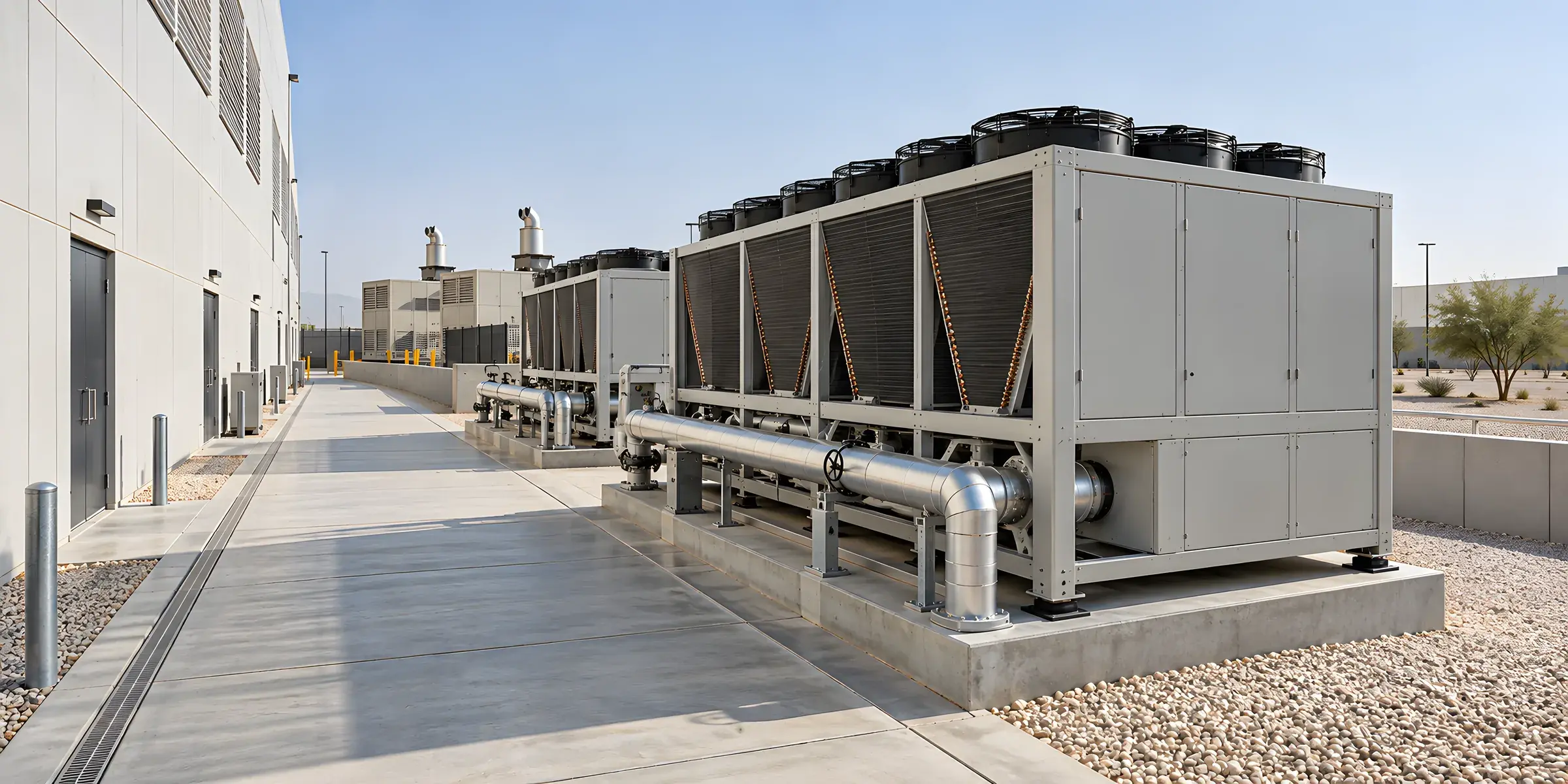 Architectural concept visualisation: air-cooled chillers and insulated chilled-water headers in the service corridor of a data center