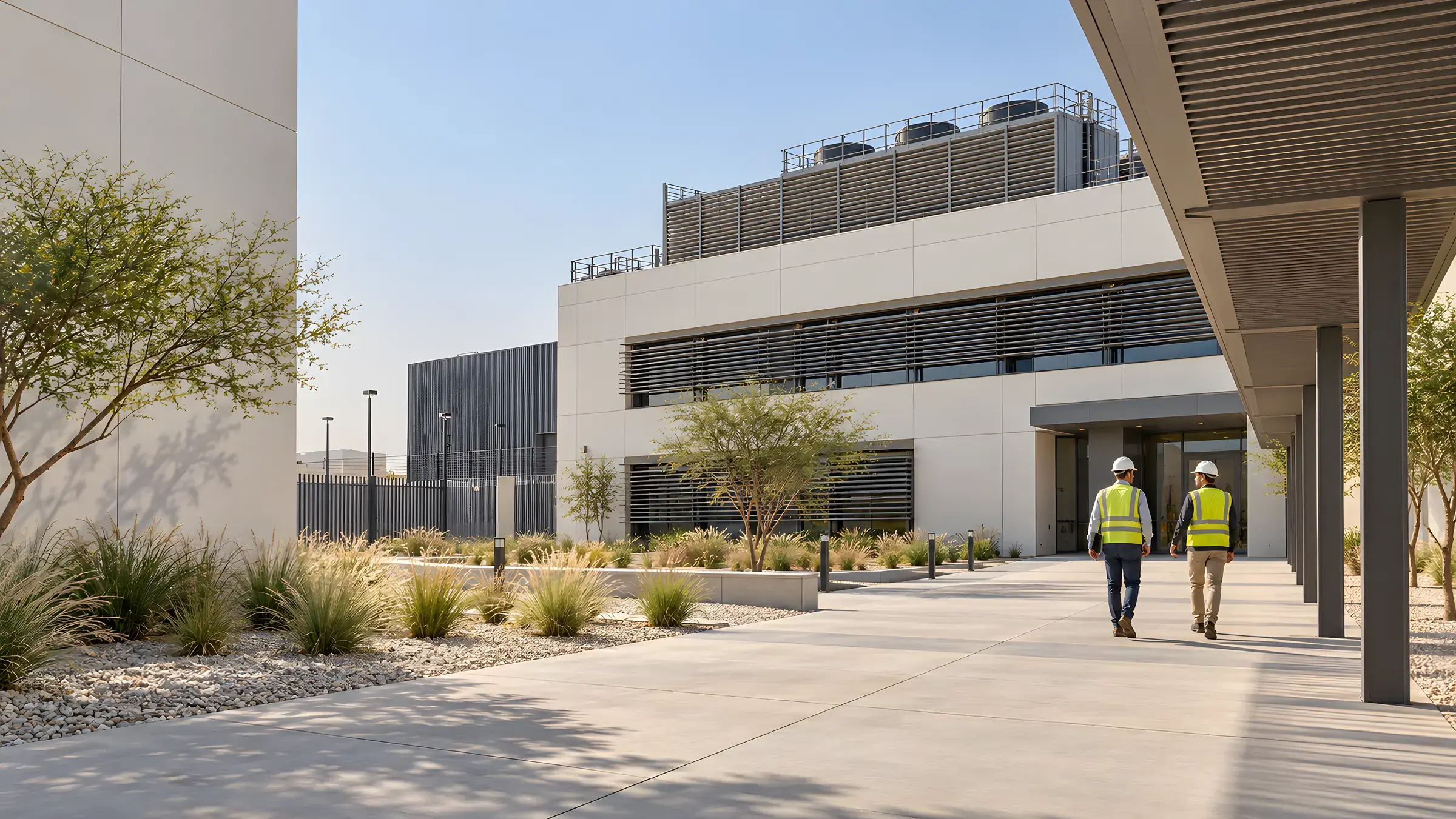 Architectural concept visualisation: two engineers walking towards a data center through its shaded courtyard