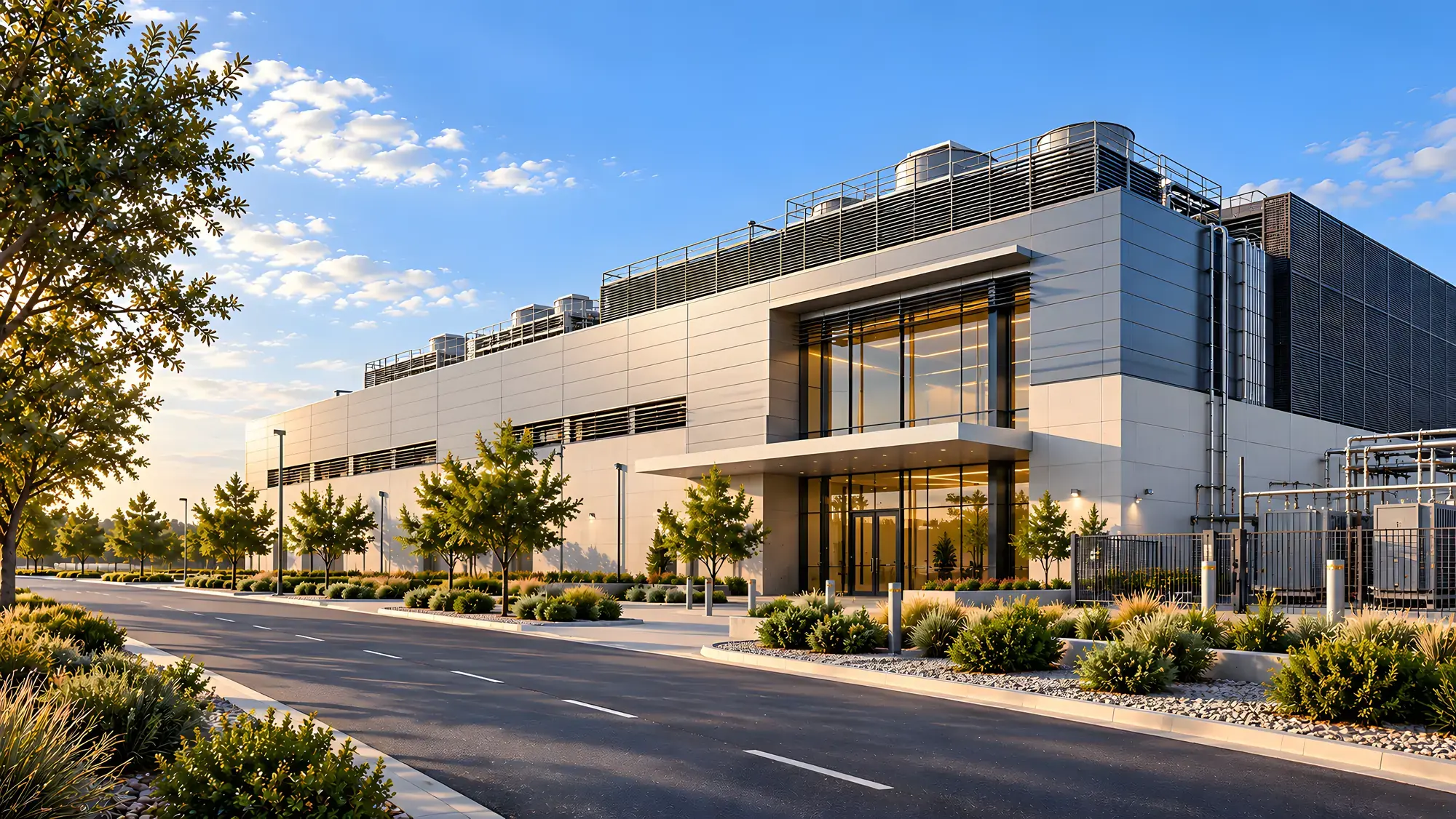 Architectural concept visualisation: the entrance elevation of a data center, with its glazed entrance slot and rooftop cooling plant