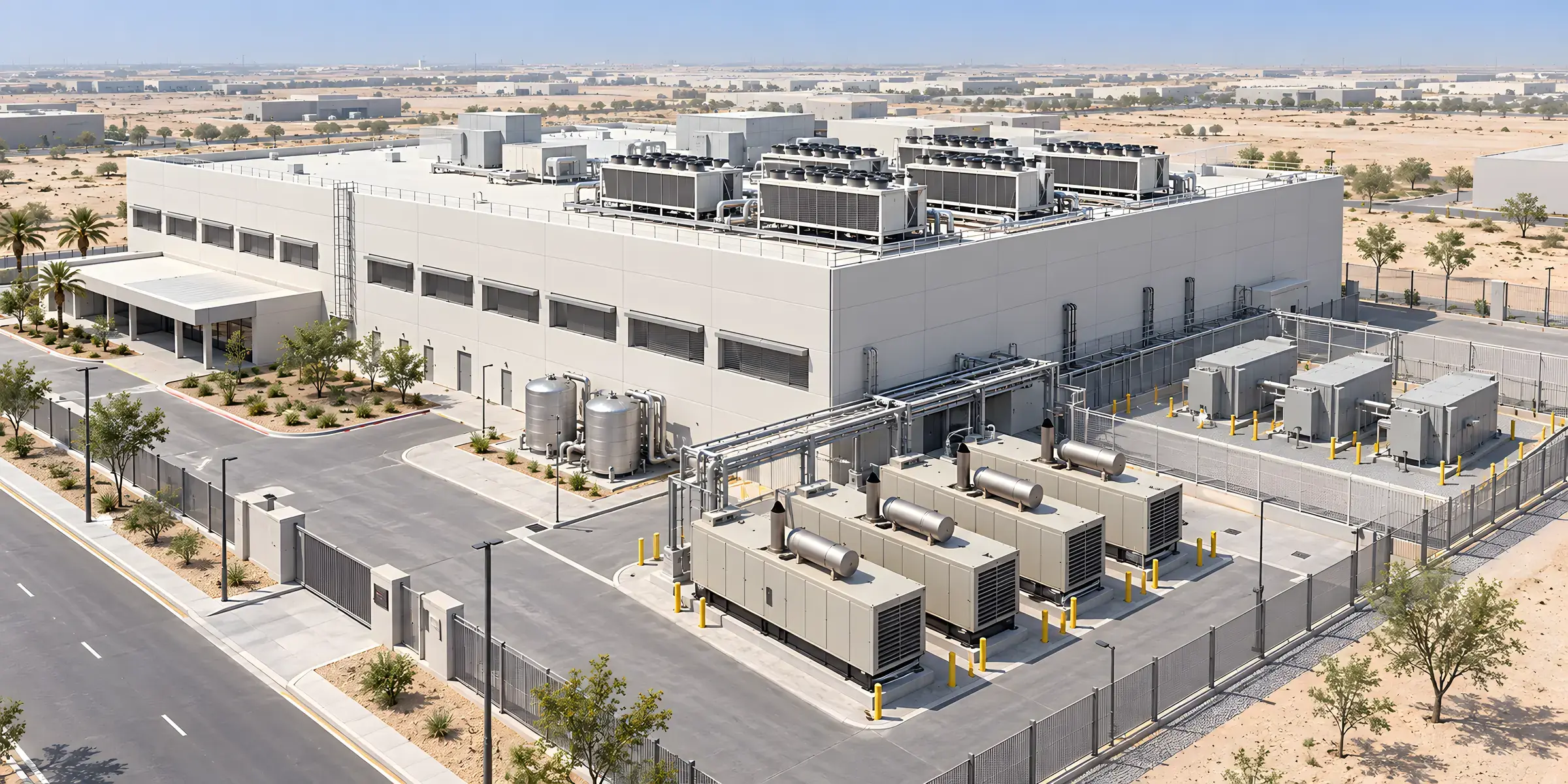 Architectural concept visualisation: a data center with its rooftop chillers, generator yard, package substations and thermal storage tanks, seen from the service side