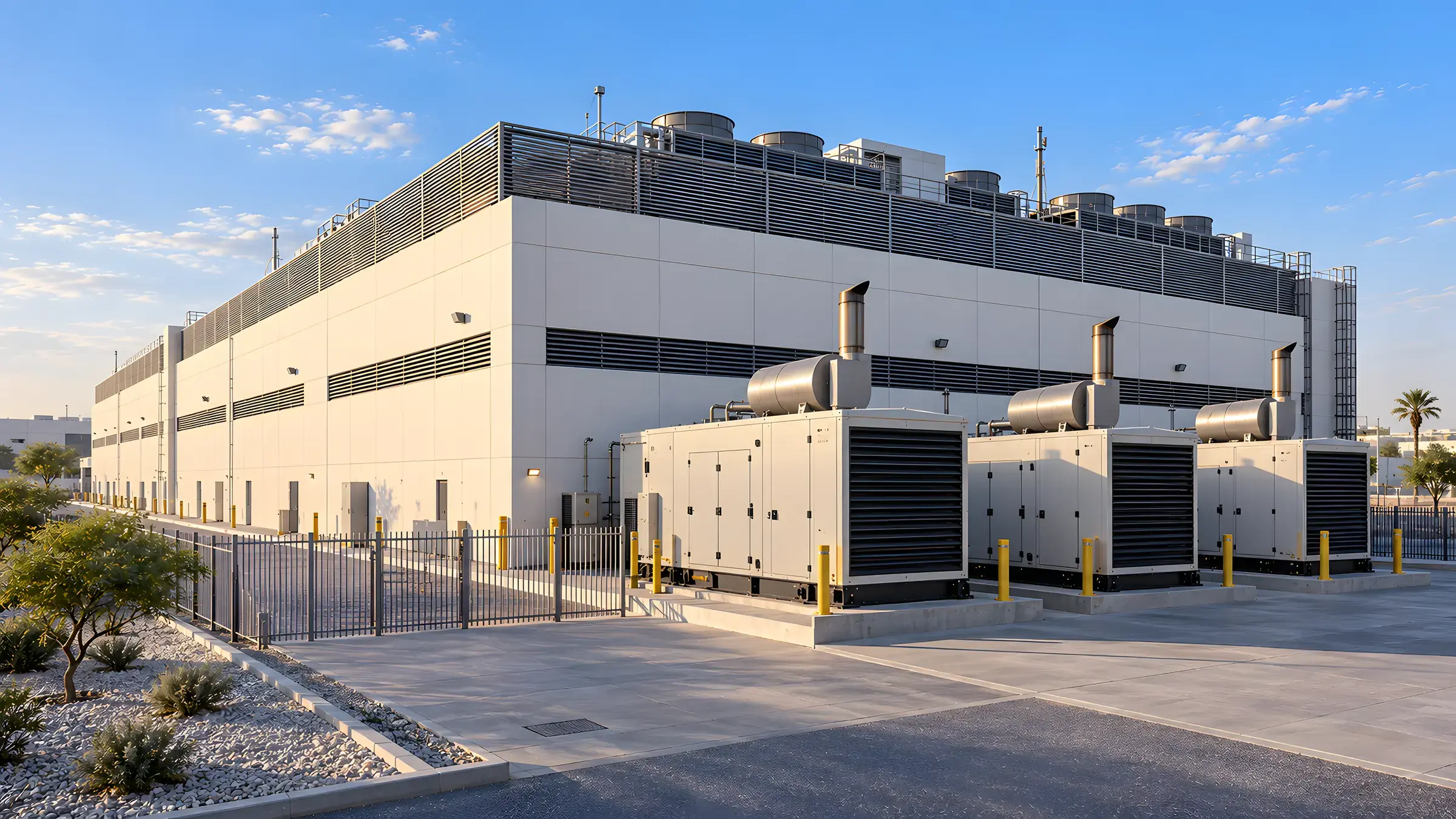 Architectural concept visualisation: three acoustically enclosed generators in the service yard of a data center, rooftop cooling plant behind a louvred screen