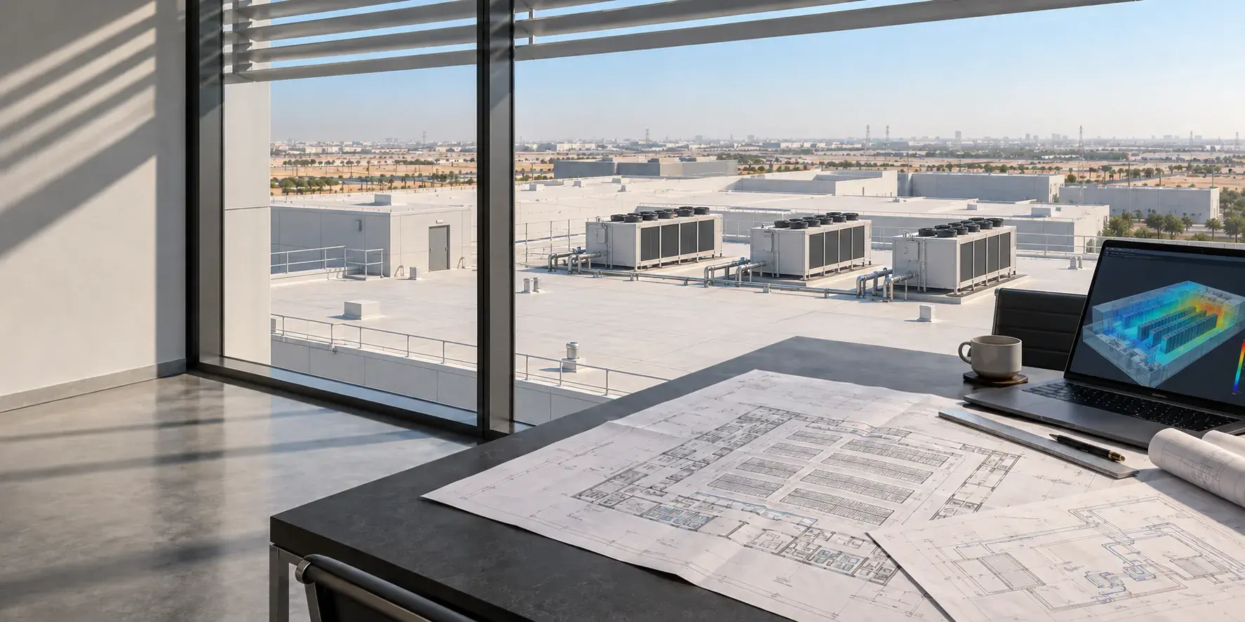 Visualisation: an engineer’s desk in a site office, drawings spread out and a thermal model on the laptop, the roof chiller plant of a data center through the window