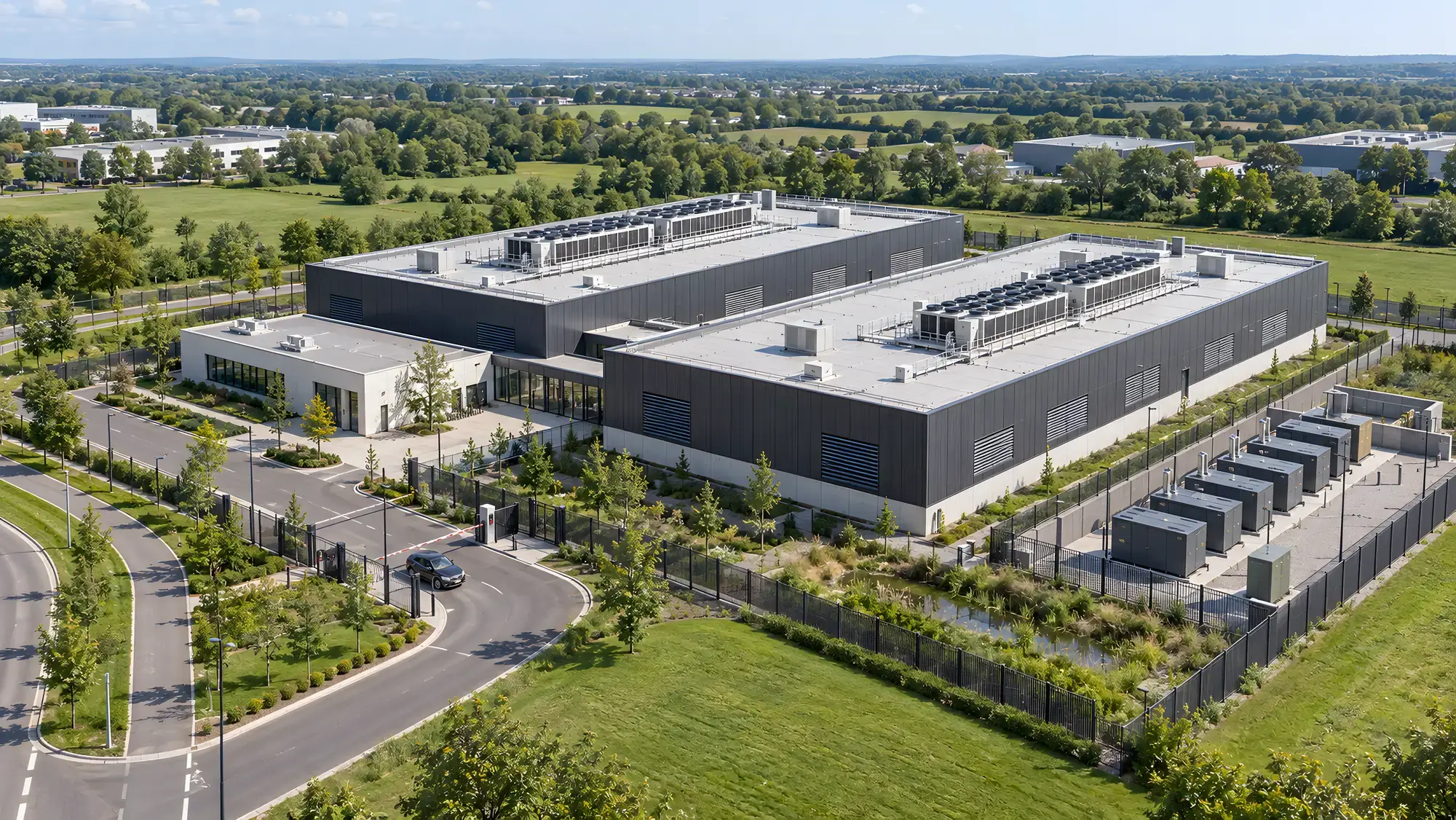Architectural concept visualisation: a compact twin-hall data center in a temperate technology park, seen from above