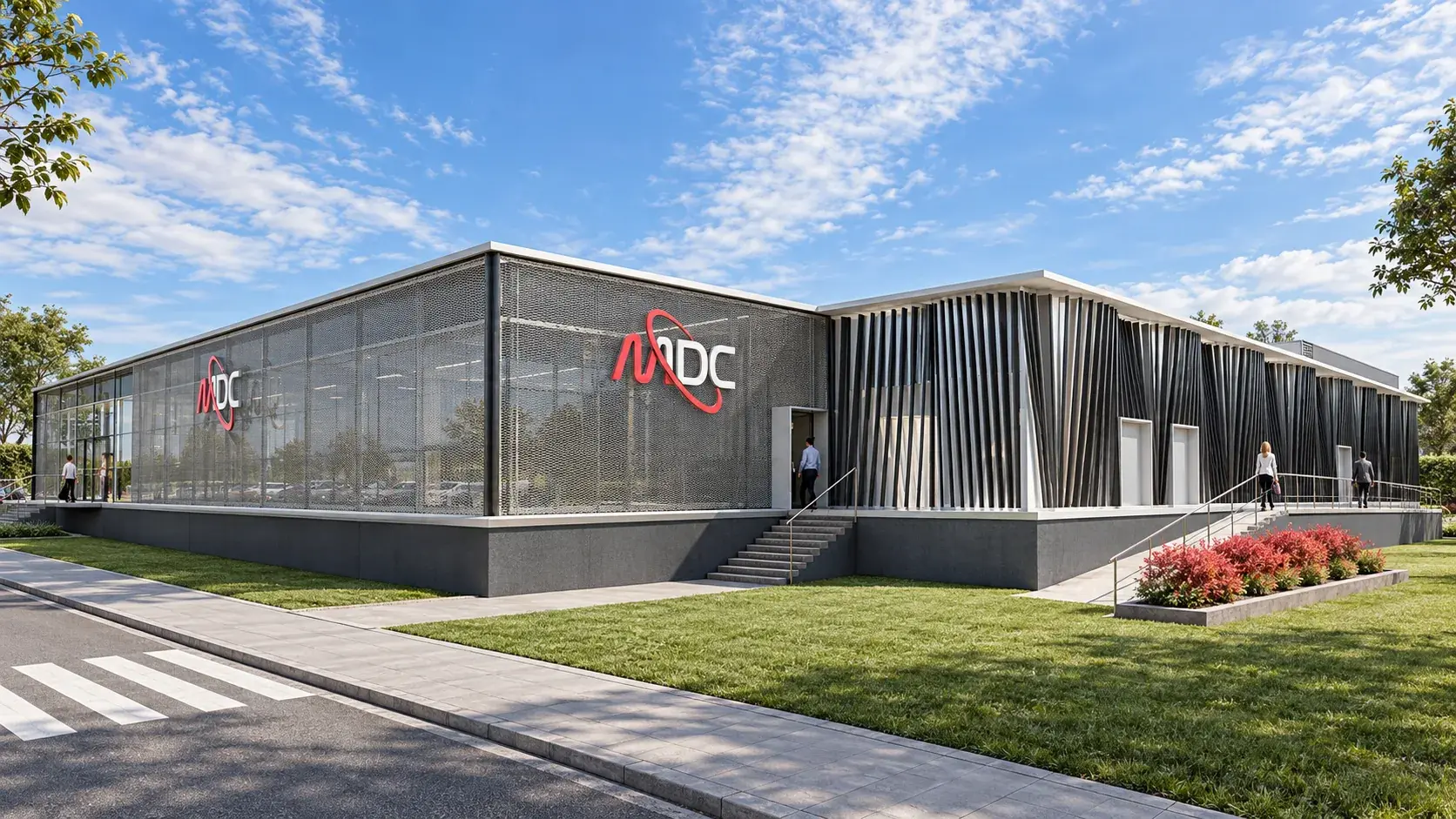 Concept visualisation of a colocation data center: a long low building on a dark plinth, wrapped in perforated metal mesh with a wing of angled vertical fins, the entrance stair and ramp at the front