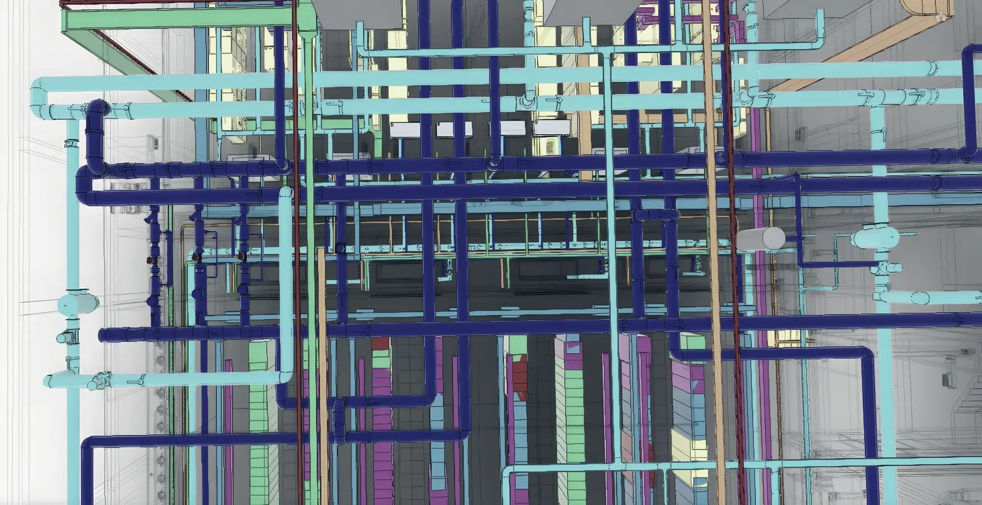 Close view of a coordinated MEP model: chilled-water headers, risers, valves and containment crossing above a row of equipment