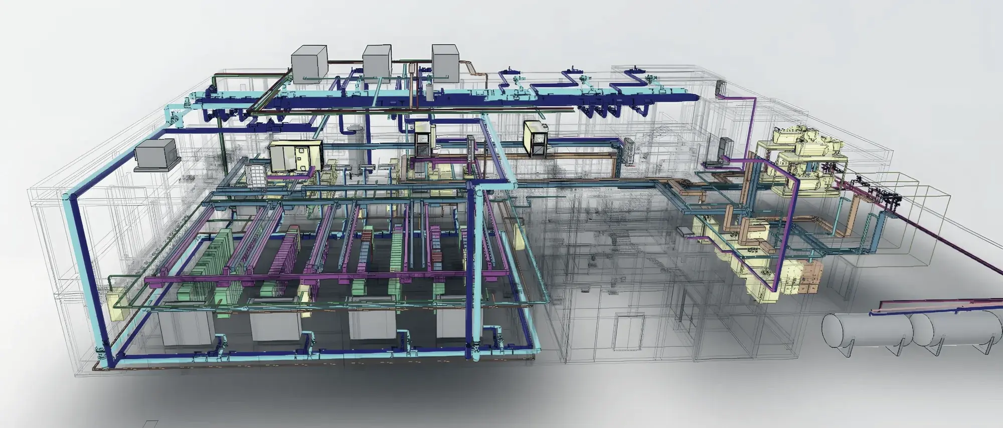 Coordinated MEP model of a data center with its plant, chilled-water loops, electrical routes and two horizontal tanks outside the building