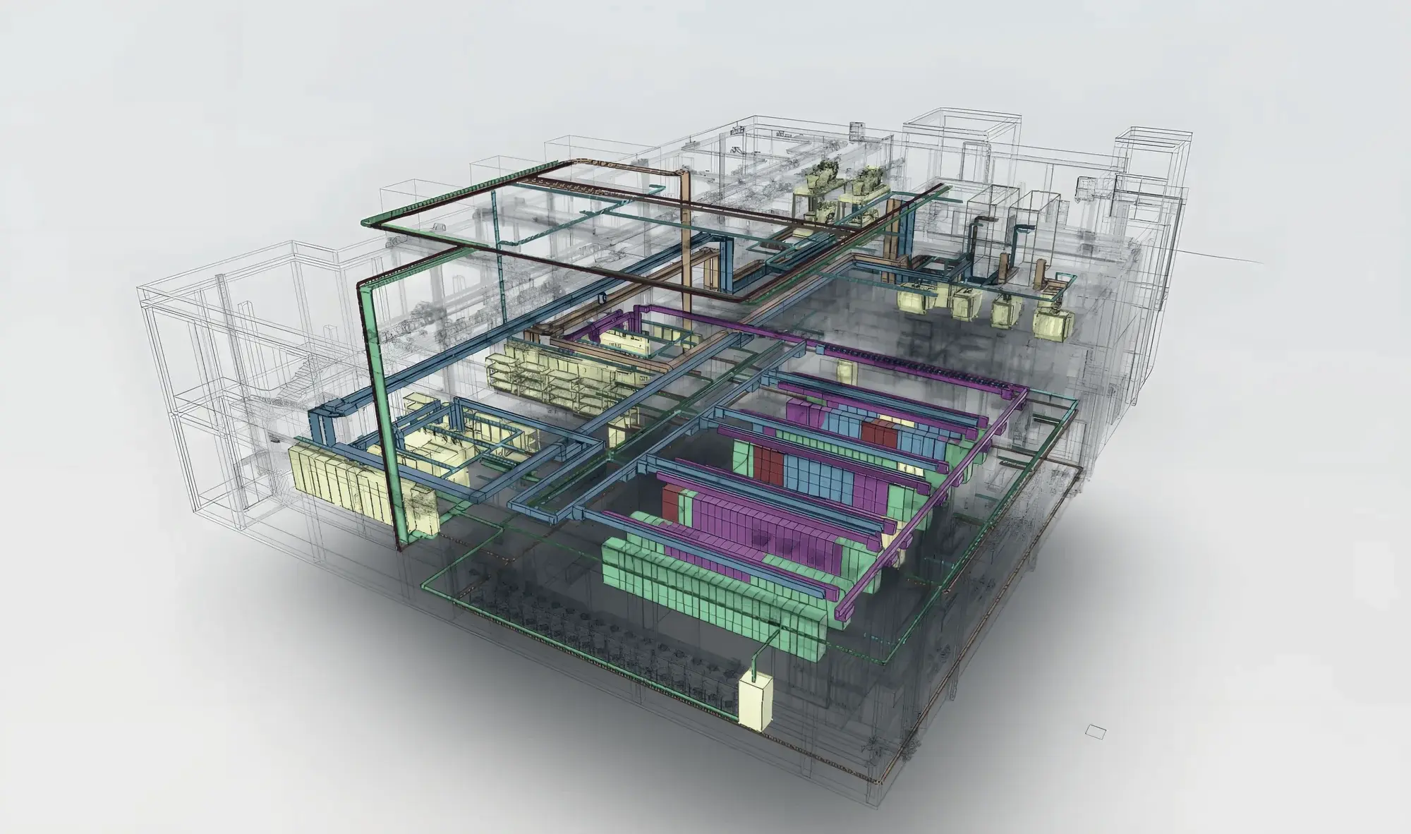 Coordinated MEP model with the building faded: the chilled-water loops, electrical routes and air systems shown on their own