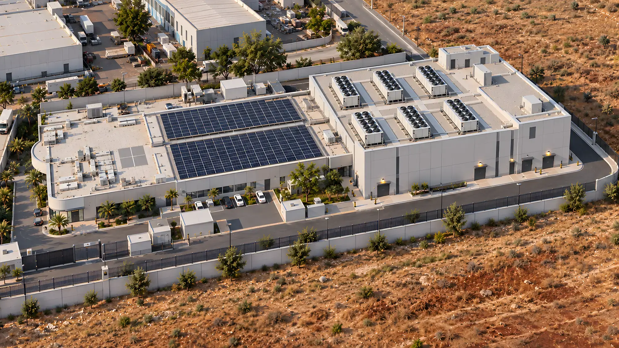 Aerial visualisation of the N+ONE data center campus in Casablanca: the existing building with rooftop photovoltaic arrays beside the new extension with its six rooftop chillers, generator yard, perimeter fence and access road