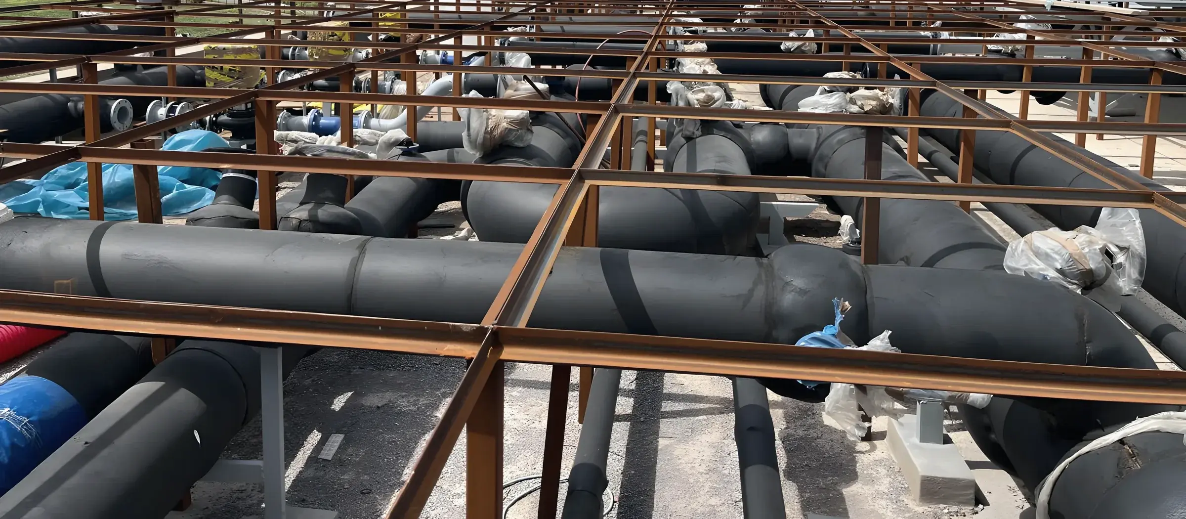 Insulated chilled-water headers on a steel pipe rack on a data center roof, with chillers under protective wrapping behind