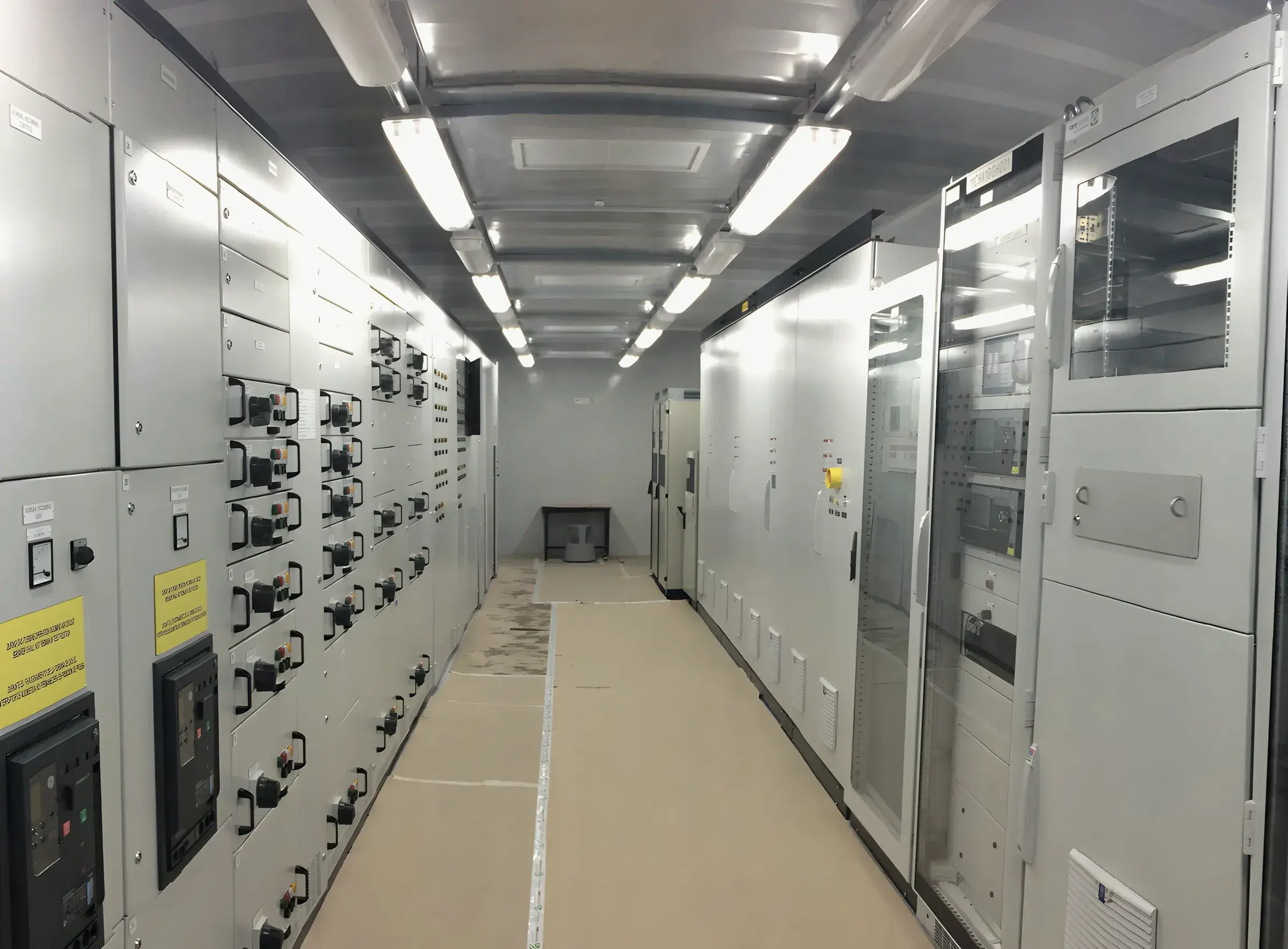 Low-voltage switchgear corridor inside a prefabricated power module, ready for factory acceptance