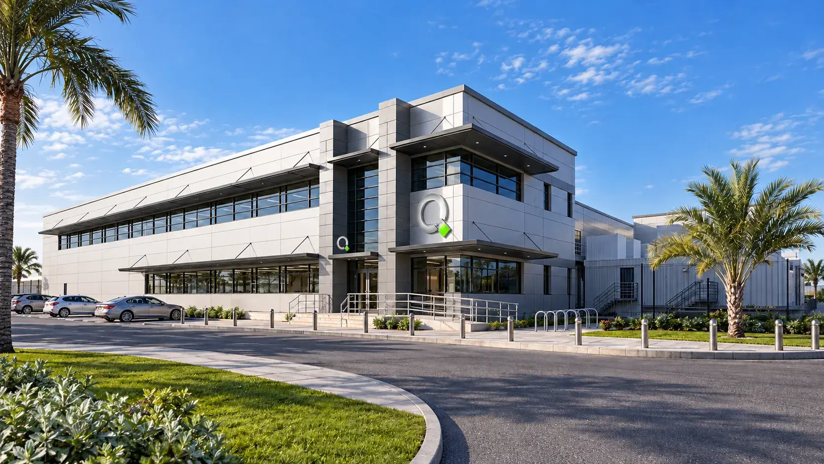 Visualisation of the QData data center in Qatar: a two-storey building with a grey panelled facade, a glazed entrance corner carrying the operator’s mark, cars on the forecourt and palms along the road