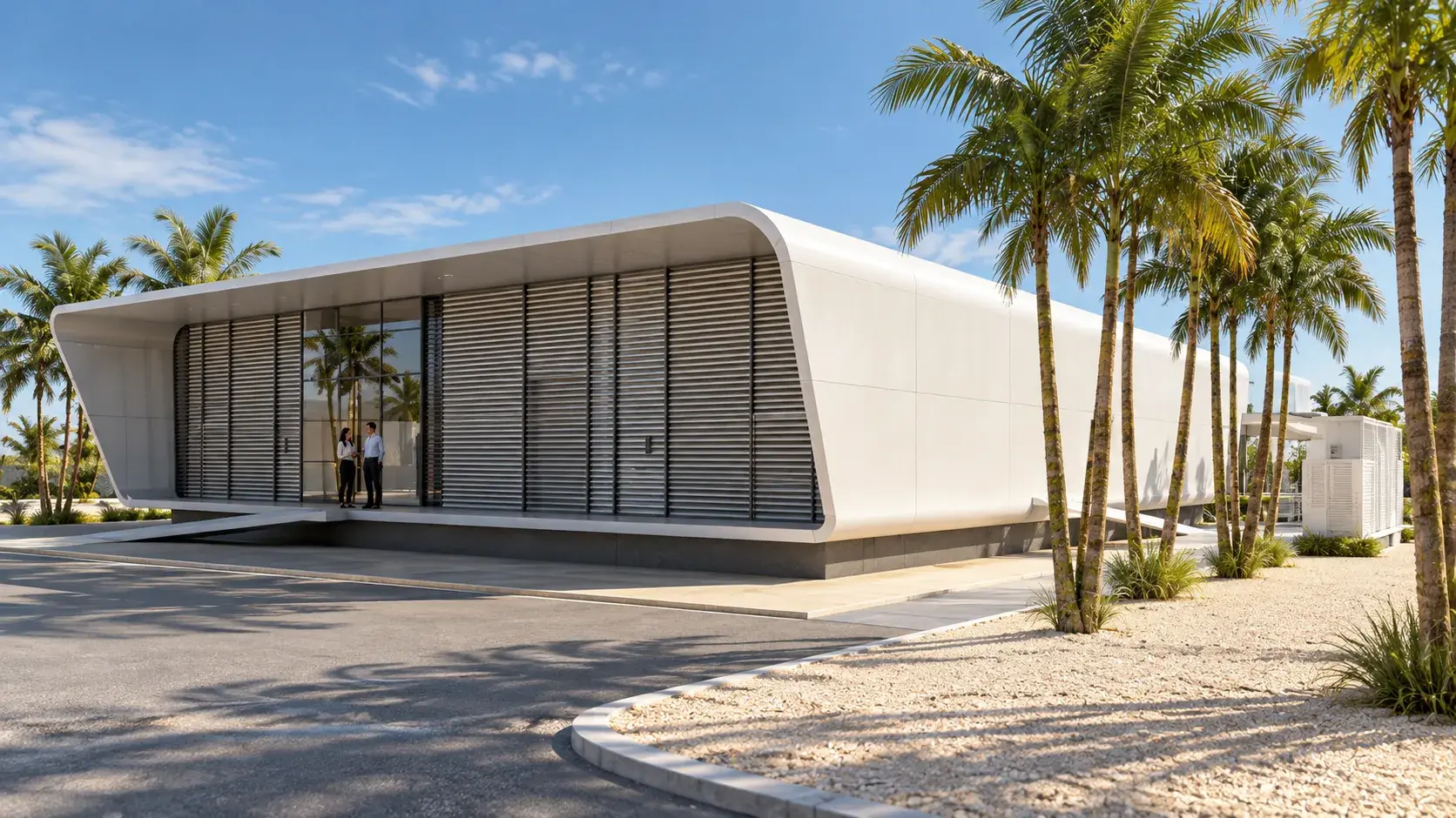 Visualisation of a prefabricated modular data center in Riyadh: a low white pavilion with a curved shell roof and louvred facade, set among palm trees on a paved forecourt