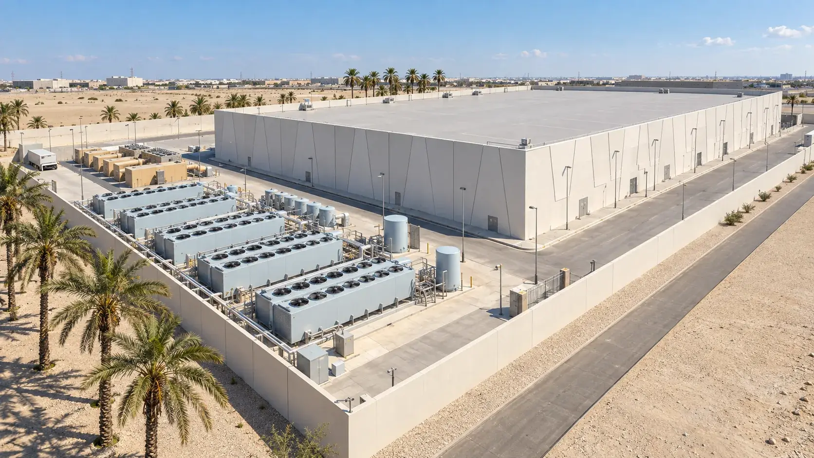 Architectural visualisation of the STC Riyadh data center: the long pale hall with its tapered facade panels, the chiller yard with rows of air-cooled chillers and two thermal storage tanks, the generator court behind, palms along the boundary