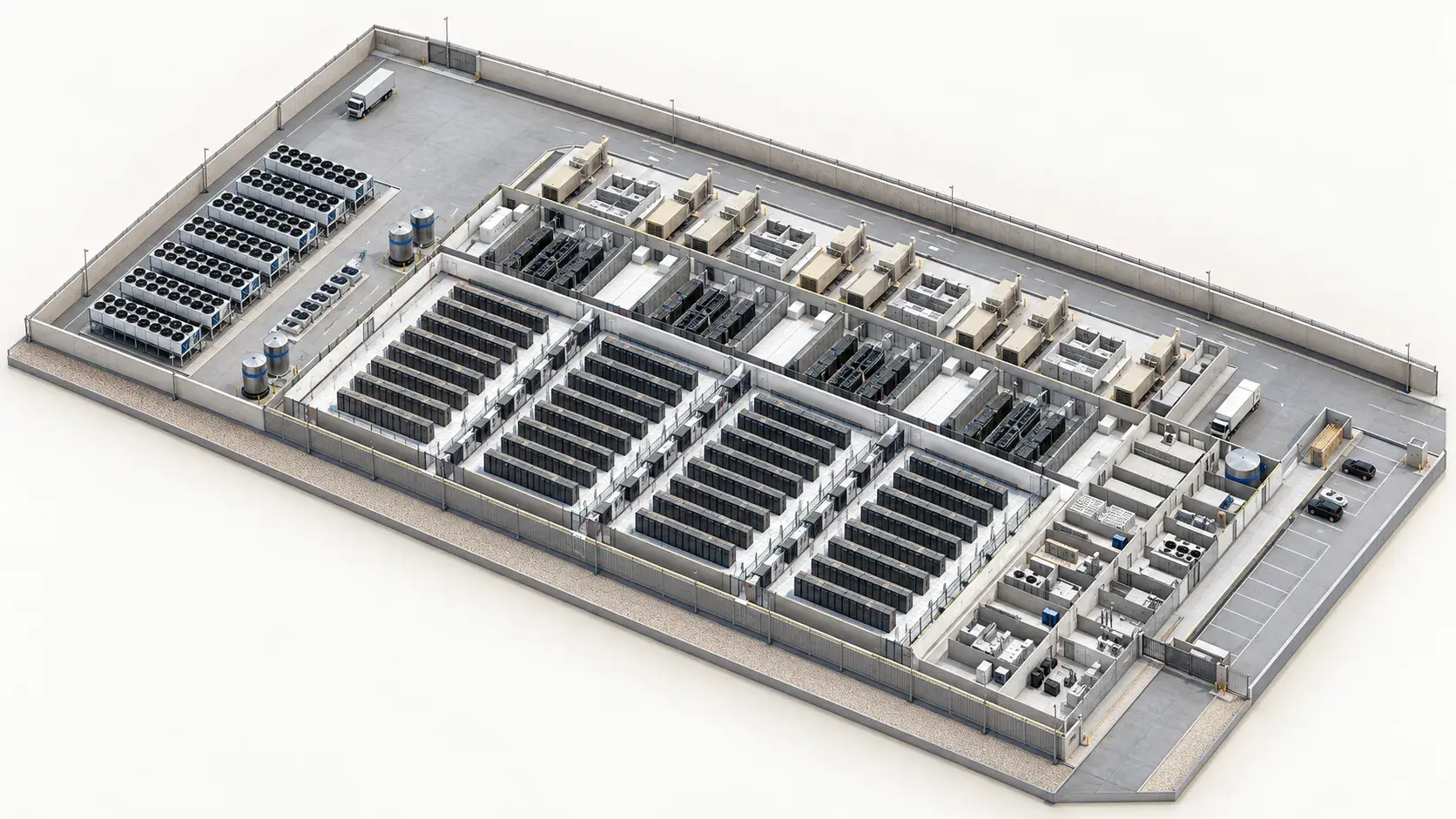 Architectural cutaway visualisation of the STC Riyadh data center with the roof removed: four data halls of rack rows, the technical rooms behind them, the generator enclosures, the cooling yard with chillers and tanks, and the support rooms on the end