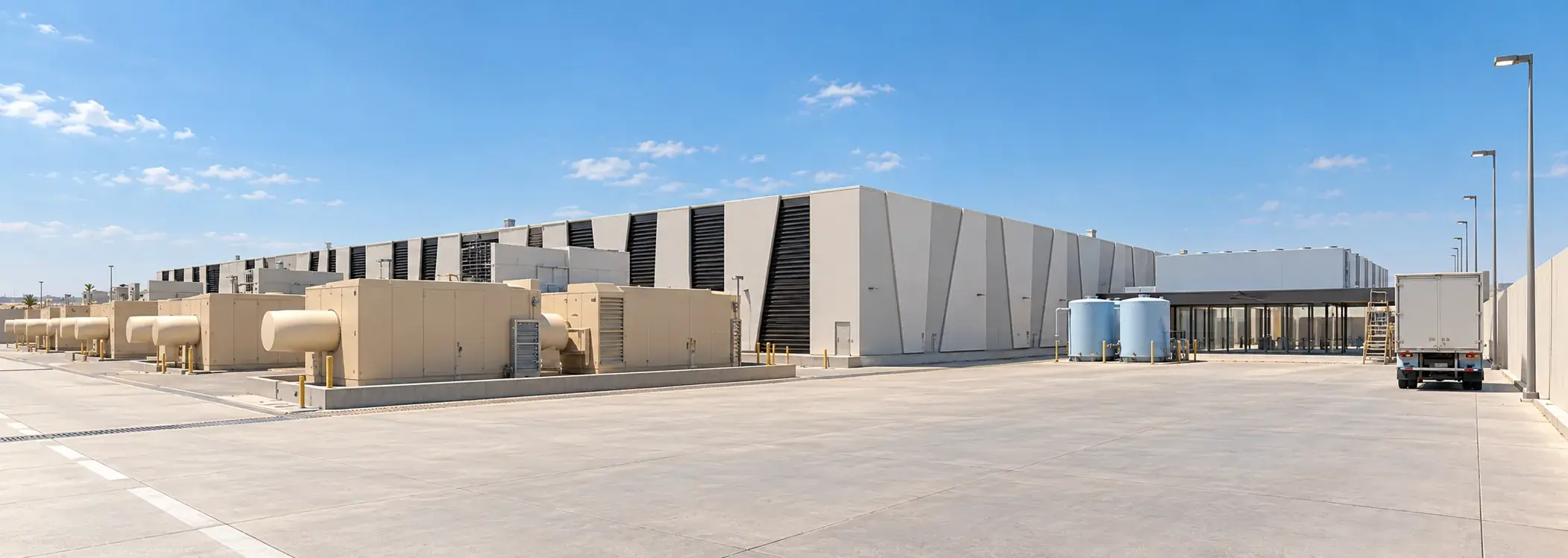 Architectural visualisation of the STC Riyadh service court: the generator enclosures with their exhaust silencers, the two chilled-water storage tanks, the louvred plant screens on the hall and a delivery truck at the dock