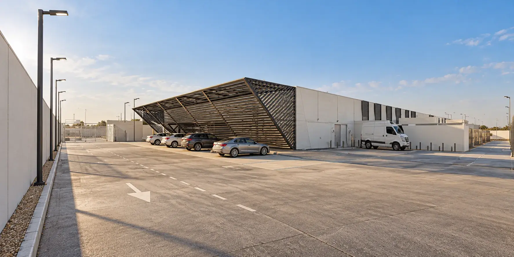 Architectural visualisation of an STC Western Region data center: the forecourt with its inclined louvred parking canopy, the low pale hall behind, the service annex and a delivery van, the boundary wall with lights